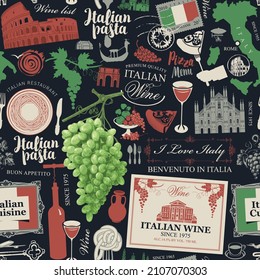 Patrón incomparable sobre el tema de la cocina italiana y la italiana con un estilo retro sobre el fondo negro. Fondo vectorial de repetición. Adecuado para el diseño de papel pintado, papel envasado o tela