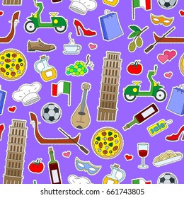 Seamless pattern on the theme of journey in the country of Italy, simple colored icons patches on a purple background