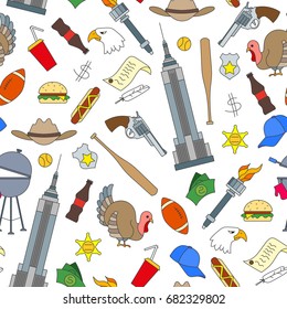 Seamless pattern on the theme of journey in the country of America, simple painted icons on white background
