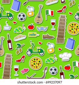 Seamless pattern on the theme of journey in the country of Italy, simple colored icons stickers on green  background