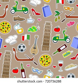 Seamless pattern on the theme of journey in the country of Italy simple colored icons patches on a brown background