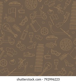 Seamless pattern on the theme of journey in the country of Italy, simple contour icons ,beige outline on a brown background