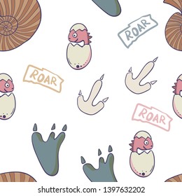 seamless pattern on the theme of the Jurassic period, a baby dinosaur egg and a prehistoric shell