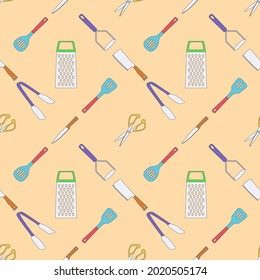 Seamless pattern on the theme of kitchen tools. Flat style. light amber background. Vector illustration.