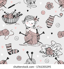 Seamless pattern on the theme of knitting with a cute girl on a large ball of yarn and a cute cat. Vector.