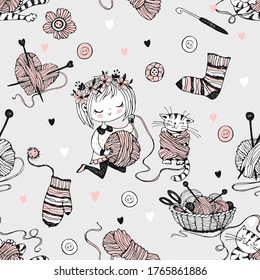 Seamless pattern on the theme of knitting with a cute knitter girl and her little cat playing with a skein of yarn.Vector.