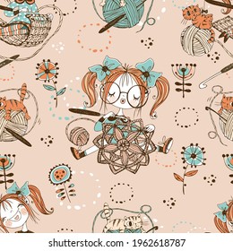 Seamless pattern on the theme of knitting with cute knitter girls in Doodle style. Vector.