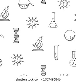 Seamless pattern on the theme of laboratory research. Viruses, microscope, dna, laboratory glassware: test tube, flask. Сovid-19, 2019-nCov. Endless pattern for design during the coronavirus epidemic.