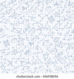 Seamless pattern on the theme of learning and geometry,the formulas and the chart on the notebook sheet in a cage