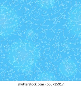 Seamless pattern on the theme of learning and geometry light contour on a blue background with formulas and graphs