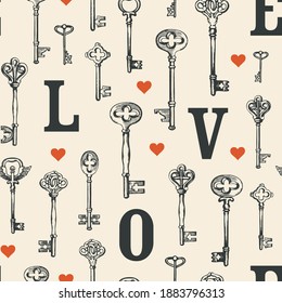 Seamless pattern on the theme of love with black hand-drawn keys, capital letters L O V E and red hearts. Vintage vector background in retro style, suitable for Wallpaper, wrapping paper, fabric