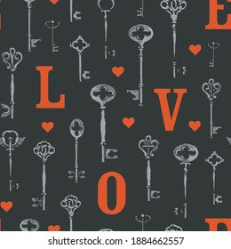 Seamless pattern on the theme of love with hand-drawn old keys, red capital letters L O V E and hearts on the black backdrop. Vector background in retro style, Wallpaper, wrapping paper, fabric