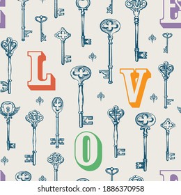 Seamless pattern on the theme of love with hand-drawn vintage keys and colored capital letters L O V E. Creative vector background in retro style, suitable for Wallpaper, wrapping paper, fabric