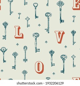 Seamless pattern on the theme of love with vintage keys and letters L O V E. Creative vector background in retro style, suitable for Wallpaper, wrapping paper, fabric