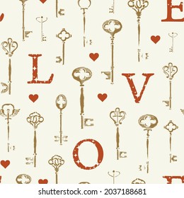 Seamless Pattern On The Theme Of Love With Hand-drawn Keys, Capital Letters L O V E And Red Hearts. Vintage Vector Background In Retro Style, Suitable For Wallpaper, Wrapping Paper, Fabric