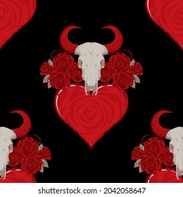 Seamless pattern on the theme of love and death. Vector background with skulls of bulls, red hearts and bloody roses on a black backdrop. Suitable for wallpaper, wrapping paper or fabric design