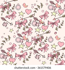Seamless pattern on the theme of love. Vector illustration of hearts, bows, arrows and other objects.