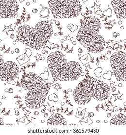 Seamless pattern on the theme of love. Vector illustration of hearts, bows, arrows and other objects.