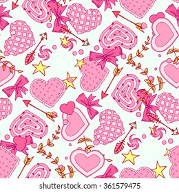 Seamless pattern on the theme of love. Vector illustration of hearts, bows, arrows and other objects.