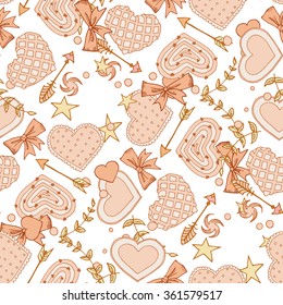 Seamless pattern on the theme of love. Vector illustration of hearts, bows, arrows and other objects.