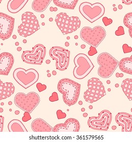 Seamless pattern on the theme of love. Vector illustration of hearts, bows, arrows and other objects.