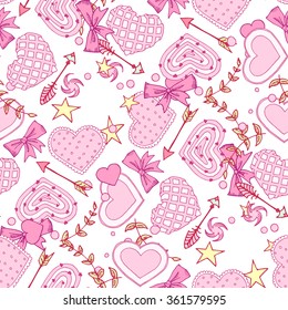 Seamless pattern on the theme of love. Vector illustration of hearts, bows, arrows and other objects.