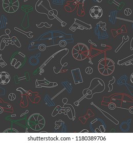 Seamless pattern on the theme of male Hobbies and habits, simple colored chalks on the dark school Board