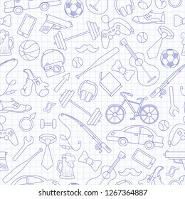 Seamless pattern on the theme of male Hobbies and habits,simple hand-drawn blue  contour  icons on the clean writing-book sheet in a cage