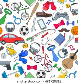 Seamless pattern on the theme of male Hobbies and habits,simple hand-drawn  icons on white background