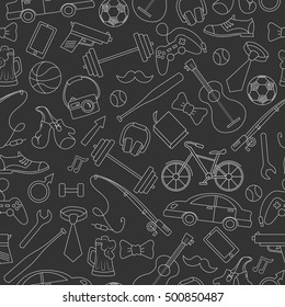 Seamless pattern on the theme of male Hobbies and habits,simple hand-drawn white contour icons on  black background