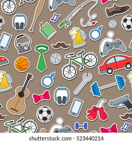 Seamless pattern on the theme of male Hobbies and habits,simple hand-drawn  icons on brown background