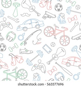 Seamless pattern on the theme of male Hobbies and habits, simple colored contour icons on white background