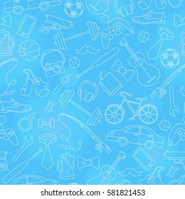 Seamless pattern on the theme of male Hobbies and habits,simple hand-drawn white contour icons on blue background