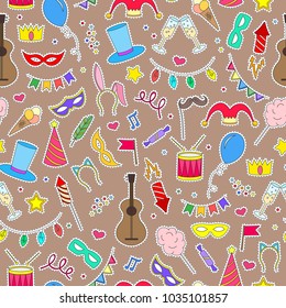 Seamless pattern on the theme of masquerade and carnival , simple painted icons, patch icons on brown background