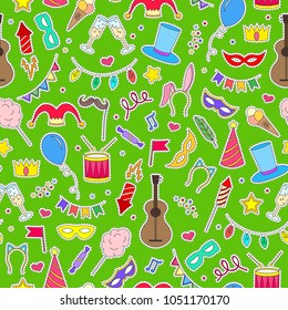 Seamless pattern on the theme of masquerade and carnival , simple painted icons, patch icons on green  background