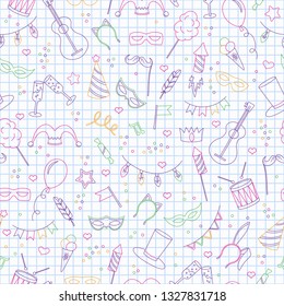 Seamless pattern on the theme of masquerade and carnival , simple colored contour icons on the clean writing-book sheet in a cage