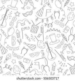 Seamless pattern on the theme of masquerade and carnival , simple contour icons, black contour on white background