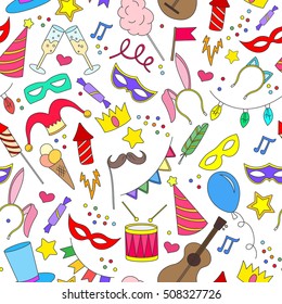 Seamless pattern on the theme of masquerade and carnival , simple painted icons, black contour on white background