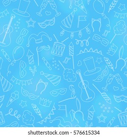 Seamless pattern on the theme of masquerade and carnival , simple contour icons, white contour on  blue background