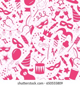 Seamless pattern on the theme of masquerade and carnival ,a pink silhouettes of icons on the background of polka dots