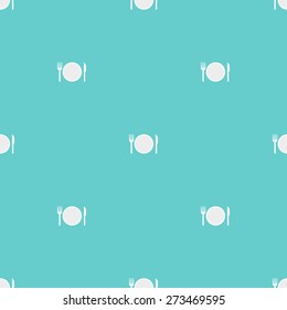 Seamless pattern on a theme meal with a plate and cutlery fork and knife on white background aquamarine color