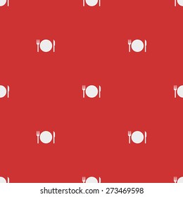 Seamless pattern on a theme meal with a plate and cutlery knife and fork on a white background red