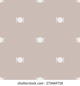 Seamless pattern on a theme meal with a plate and cutlery knife and fork on a white background beige