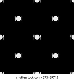 Seamless pattern on a theme meal with a plate and cutlery knife and fork on a white background in black