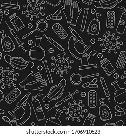 Seamless pattern on the theme of medicine and diseases, medical equipment and viruses, light contour   icons on a dark background