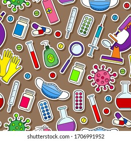 Seamless pattern on the theme of medicine and diseases, medical equipment and viruses, colored stickers icons on a brown background