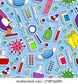 Seamless pattern on the theme of medicine and diseases, medical equipment and viruses, colored stickers icons on a blue background