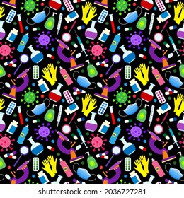 Seamless pattern on the theme of medicine and diseases, medical equipment and viruses, colored icons on a dark  background