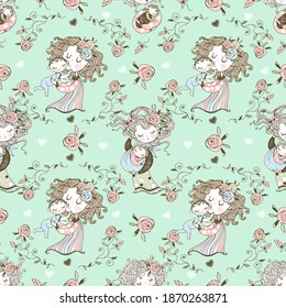 Seamless pattern on the theme of motherhood. The mother and child. Baby shower. Vector
