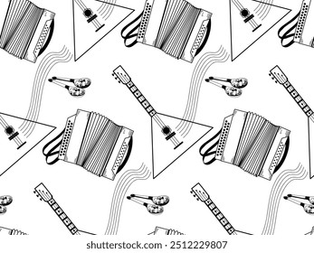 Seamless pattern on the theme of musical instruments. Balalaika, accordion, wooden painted spoons, all objects are hand-drawn in vector. Russian folk instruments. For printing on fabric, paper.